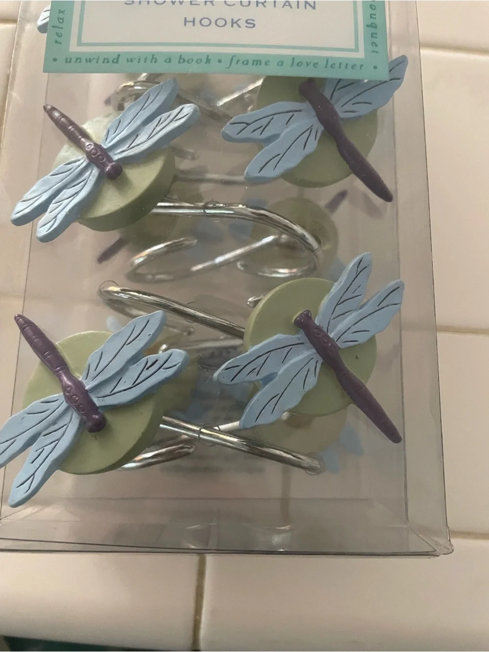 Favorite Things Decorative Dragonfly Shower Curtain Hooks - Blue & Green NIB